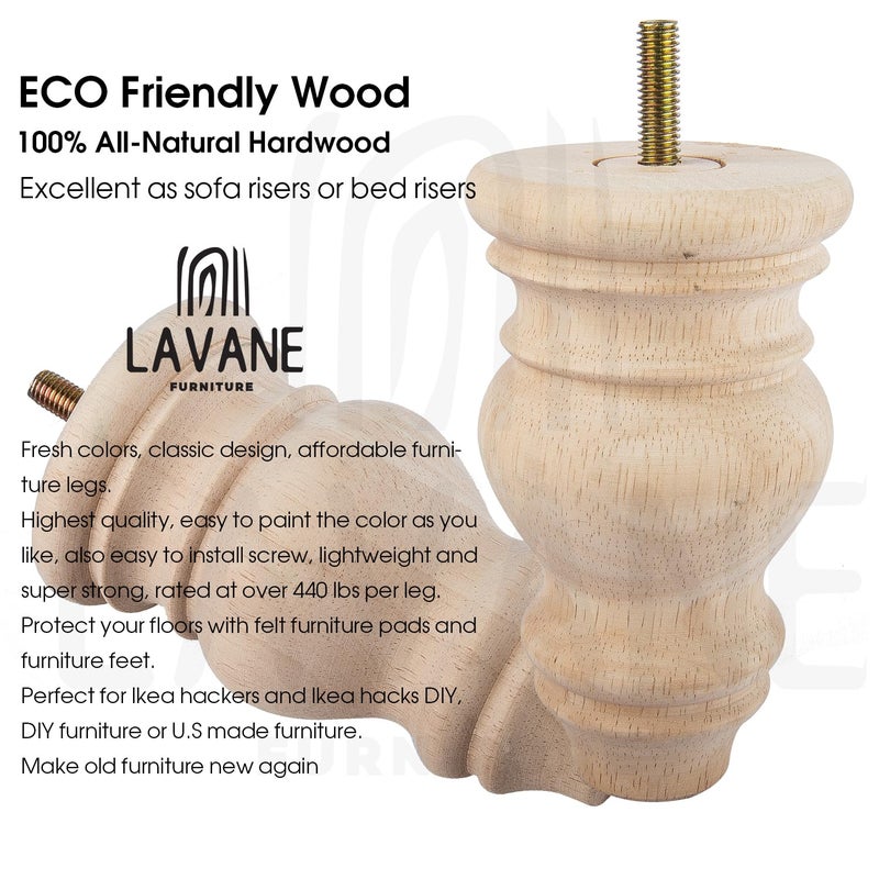 La Vane 5 inch / 12cm Unfinished Wooden Furniture Legs, 4PCS Soild Wood Turned Spindle Replacement Bun Feet with Pre-Drilled M8 Inch Bolt & Mounting Plate for Sofa Couch Chair Ottoman - Image 3